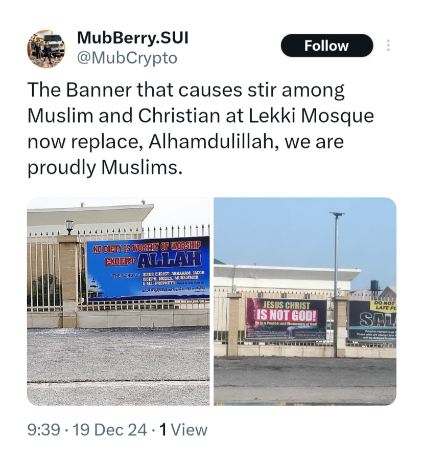 Lekki Central Mosque replaces controversial "Jesus is not God" banner with another controversial banner after backlash